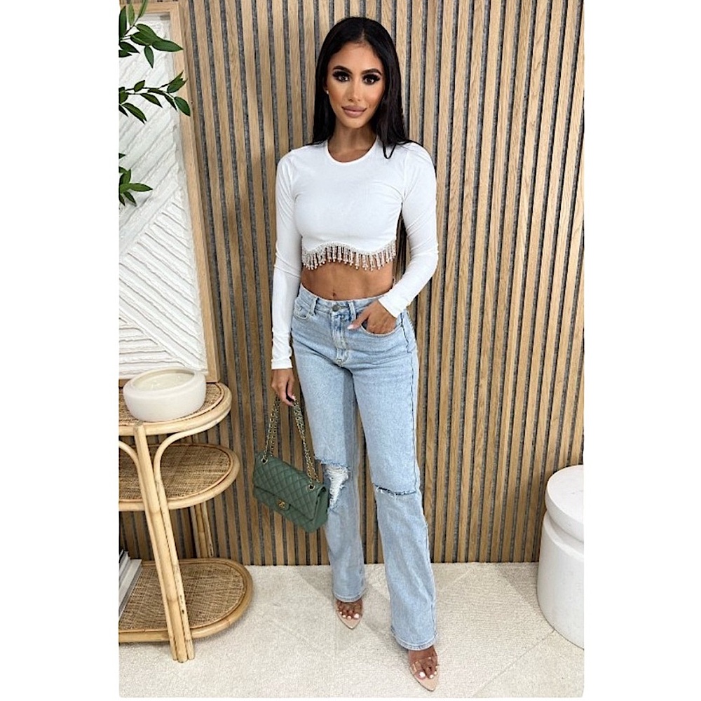 NIP Ribbed Cropped Rhinestone Long Sleeve Top - Picture 2 of 13